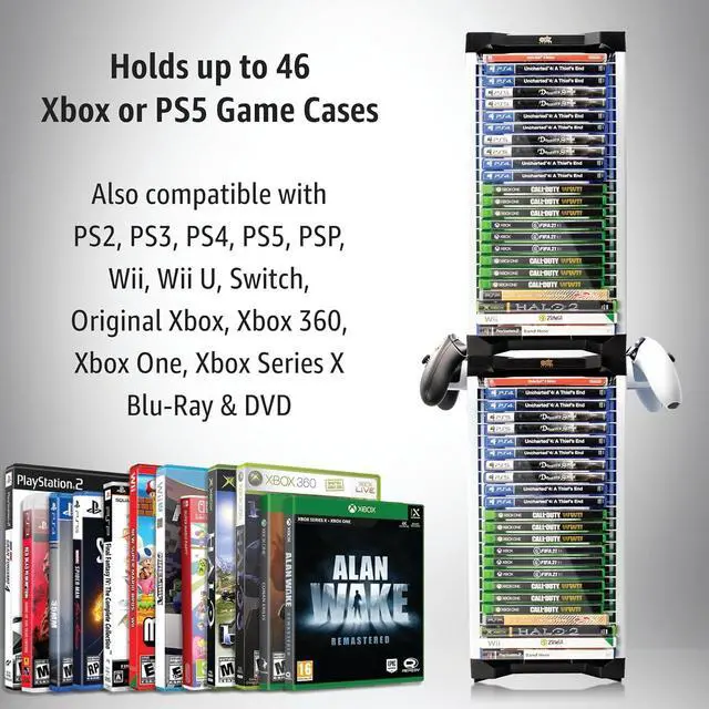 Alt view image 3 of 7 - Universal Game Holder  46 Game Storage Tower Rack for PS2 PS3 PS4 PS5 PSP Xbox 360 Xbox One Series X Wii Switch Games DVD and Blu-Ray Disks. Includes 2 Controller Mounts