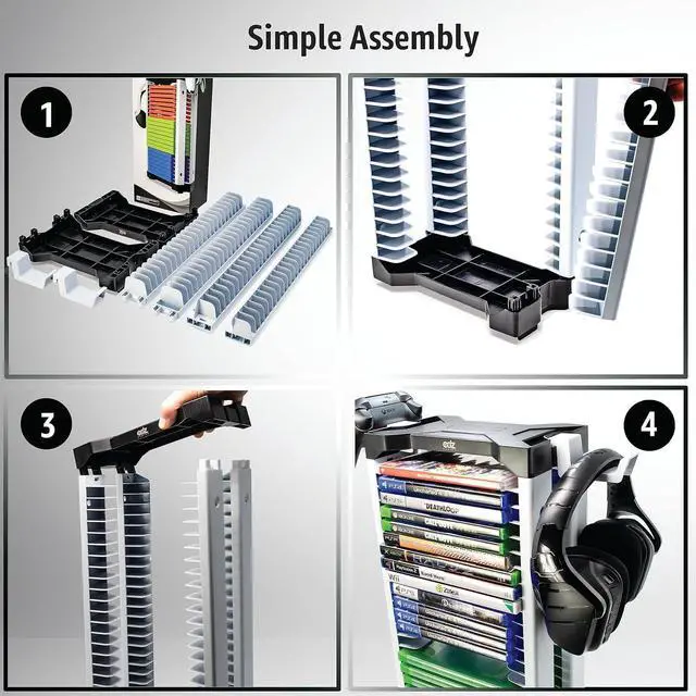 Alt view image 4 of 7 - Universal Game Holder  46 Game Storage Tower Rack for PS2 PS3 PS4 PS5 PSP Xbox 360 Xbox One Series X Wii Switch Games DVD and Blu-Ray Disks. Includes 2 Controller Mounts