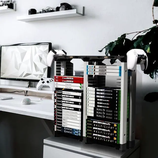 Alt view image 7 of 7 - Universal Game Holder  46 Game Storage Tower Rack for PS2 PS3 PS4 PS5 PSP Xbox 360 Xbox One Series X Wii Switch Games DVD and Blu-Ray Disks. Includes 2 Controller Mounts