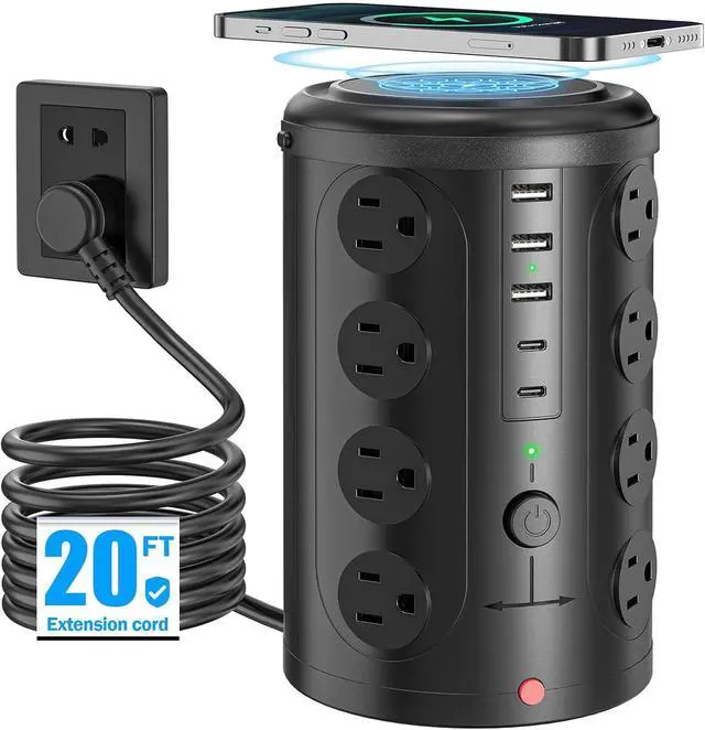 Main image of Tower Power Strip with 15W Wireless Charger, 20FT Extension Cord with Multiple Outlets, 16 AC Outlets & 5 USB (2 USB C) Charging Station Surge Protector for Office Home Dorm Room (Black)