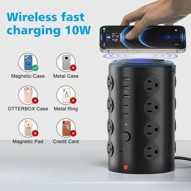Alt view image 2 of 6 - Tower Power Strip with 15W Wireless Charger, 20FT Extension Cord with Multiple Outlets, 16 AC Outlets & 5 USB (2 USB C) Charging Station Surge Protector for Office Home Dorm Room (Black)