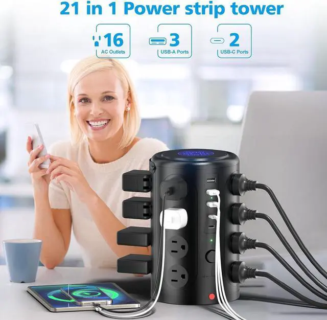 Alt view image 3 of 6 - Tower Power Strip with 15W Wireless Charger, 20FT Extension Cord with Multiple Outlets, 16 AC Outlets & 5 USB (2 USB C) Charging Station Surge Protector for Office Home Dorm Room (Black)