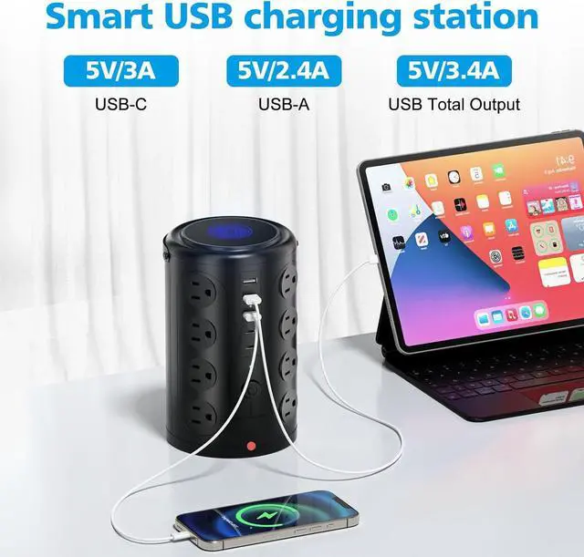 Alt view image 4 of 6 - Tower Power Strip with 15W Wireless Charger, 20FT Extension Cord with Multiple Outlets, 16 AC Outlets & 5 USB (2 USB C) Charging Station Surge Protector for Office Home Dorm Room (Black)