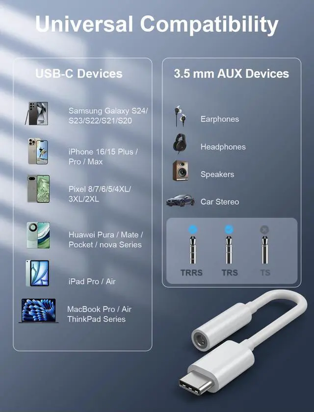 Alt view image 4 of 7 - USB-C to 3.5mm Audio Headphone Adapter - HiFi 200 Pack Compatible with  iPhone 16 15  Galaxy S25 S24 S23 S22 S21 Plus Pro Max Ultra Pixel iPad - Type C to Aux Cord Jack Dongle Adapter