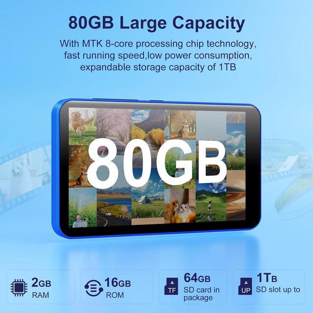 Alt view image 7 of 7 - 80GB MP3 Player with Bluetooth and WiFi, Android MP3 & MP4 Players with 4" Touchscreen and Speaker, 2000mAh Spotify Music Player with Spotify Kids, Audible,  Music, Play Store (Blue)