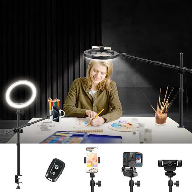 Main image of Ring Light for Desk, 10" LED Ring Light with Stand, Overhead Camera/Phone Mount, Stable Phone Tripod with Light for Video Recording/Live Streaming/Cooking/Content Creation