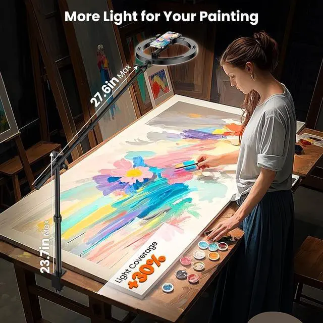 Alt view image 2 of 6 - Ring Light for Desk, 10" LED Ring Light with Stand, Overhead Camera/Phone Mount, Stable Phone Tripod with Light for Video Recording/Live Streaming/Cooking/Content Creation