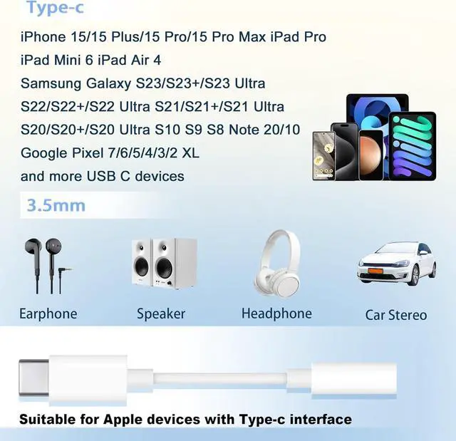 Alt view image 2 of 7 - USB-C to 3.5 mm Headphone Jack Adapter,USB C to Aux Audio Dongle Cable Cord Compatible with iPhone 15 16 Series, iPad Pro, Galaxy S23/S22 Ultra Headphone Adapter (White, 50 Pack)