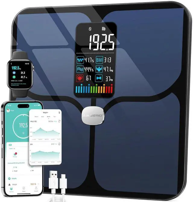 Main image of Body Fat Scale,Digital Smart Bathroom Scale for Body Weight, Large Color Display Screen, 16 Body Composition Metrics BMI, Water Weigh, Heart Rate, Baby Mode, 400lb, Rechargeable