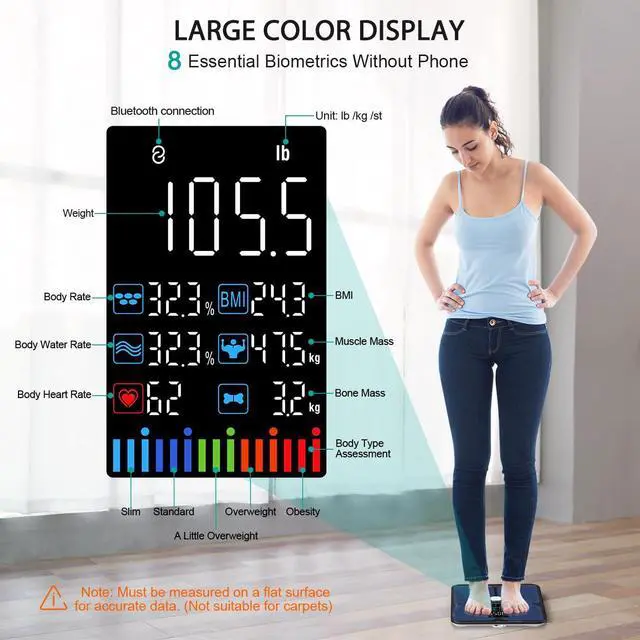 Alt view image 2 of 7 - Body Fat Scale,Digital Smart Bathroom Scale for Body Weight, Large Color Display Screen, 16 Body Composition Metrics BMI, Water Weigh, Heart Rate, Baby Mode, 400lb, Rechargeable