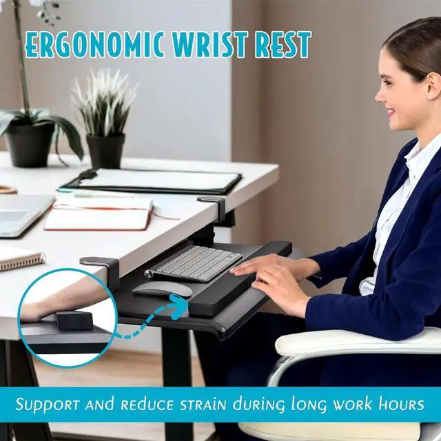 Alt view image 4 of 7 - Large Ergonomic C-Clamp Keyboard Tray Mount Under Desk with Wrist Rest, Slide-Out Platform 27.5x12.2 inch, Pull Out Keyboard & Mouse Tray Save Space Easy Installation for Home or Office, Black