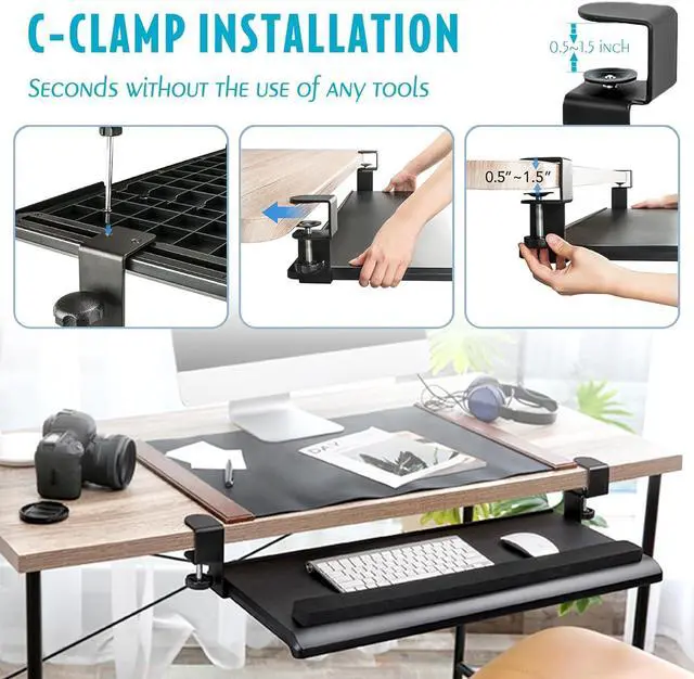 Alt view image 6 of 7 - Large Ergonomic C-Clamp Keyboard Tray Mount Under Desk with Wrist Rest, Slide-Out Platform 27.5x12.2 inch, Pull Out Keyboard & Mouse Tray Save Space Easy Installation for Home or Office, Black