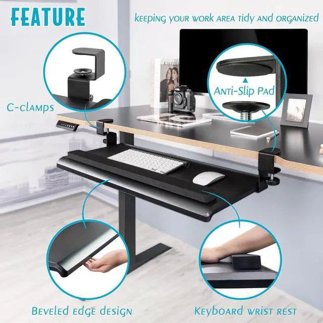 Alt view image 5 of 7 - Large Ergonomic C-Clamp Keyboard Tray Mount Under Desk with Wrist Rest, Slide-Out Platform 27.5x12.2 inch, Pull Out Keyboard & Mouse Tray Save Space Easy Installation for Home or Office, Black