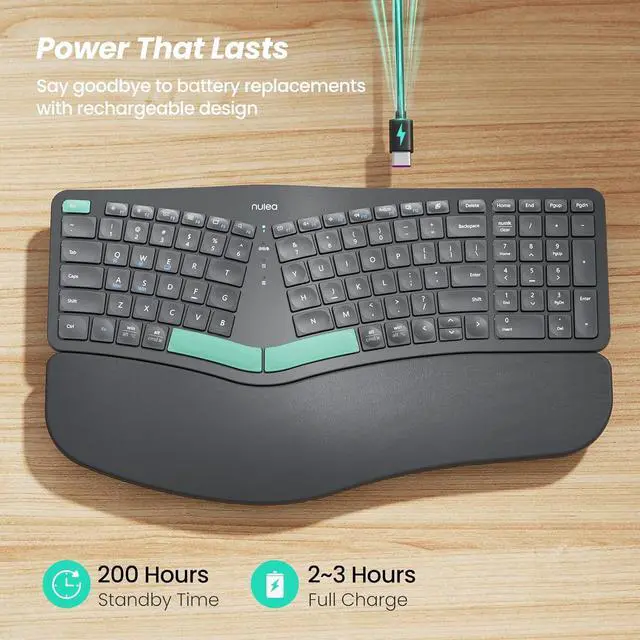 Alt view image 3 of 7 - Wireless Ergonomic Keyboard, Split Keyboard with Cushioned Wrist Rest, Bluetooth and USB Connectivity, USB-C Rechargeable, Compatible with Windows Mac