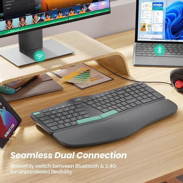 Alt view image 6 of 7 - Wireless Ergonomic Keyboard, Split Keyboard with Cushioned Wrist Rest, Bluetooth and USB Connectivity, USB-C Rechargeable, Compatible with Windows Mac