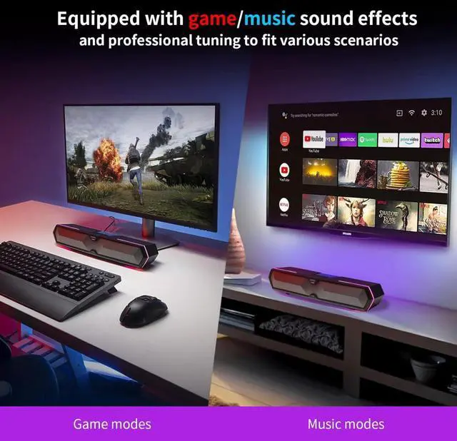 Alt view image 5 of 7 - MG300 Computer Sound Bar: Loud Speakers with Deep Bass - Switch RGB Built-in Microphone for Gaming Wireless Bluetooth 5.3 & USB Adapter PC Bar Desktop by DT