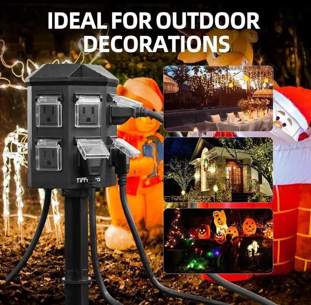 Alt view image 6 of 7 - Outdoor Power Strip Weatherproof, 50 FT Extension Cord with Power Stake, 6 Grounded Outlets for Outdoor Lights, 15A/1875W, ETL Listed