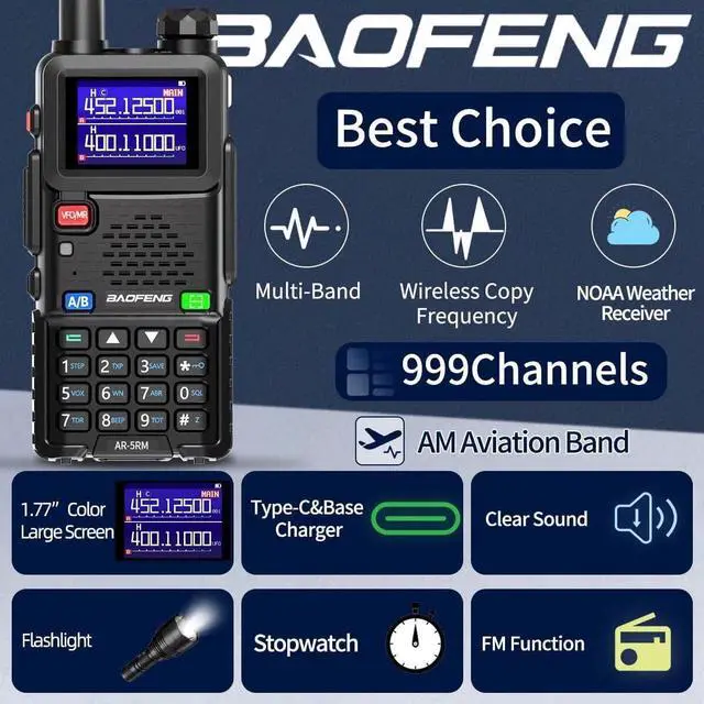 Alt view image 2 of 7 - Ham Radio AR-5RM 10W Long Range Handheld Rechargeable Tactical NOAA Weather Two Way Radio Copy Frequency Walkie Talkie for Adults with Programming Cable,Type-C Charging,2 Pack