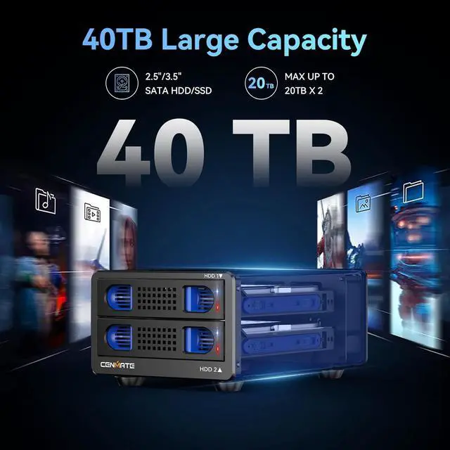 Alt view image 2 of 7 - Dual Bay Hard Drive RAID Enclosure with Cooling Fan for 2.5/3.5" SATA HDD/SSD with USB A/C 3.0 Cable, 3.5 Hard Drive Enclosure Support 40TB,4 RAID Modes,Tool-Free HDD Enclosure