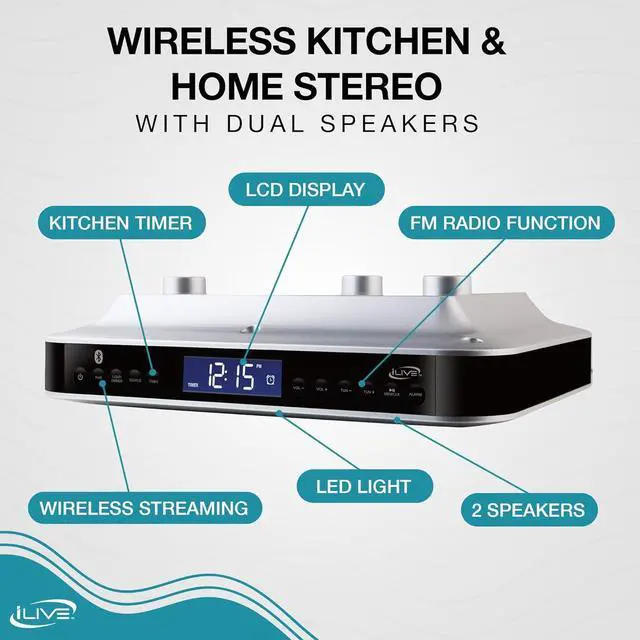 Alt view image 2 of 7 - Under The Counter Wireless Stereo Bluetooth Speaker, Digital Alarm Clock, Kitchen Timer, Dual HD Speakers, FM Radio LCD Display, LED Light, Easy Installation, Sleek Modern Home Décor