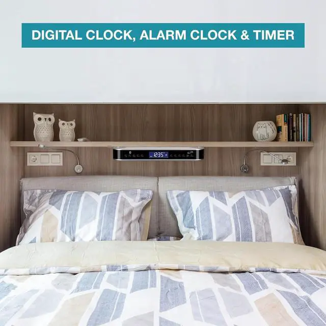 Alt view image 6 of 7 - Under The Counter Wireless Stereo Bluetooth Speaker, Digital Alarm Clock, Kitchen Timer, Dual HD Speakers, FM Radio LCD Display, LED Light, Easy Installation, Sleek Modern Home Décor