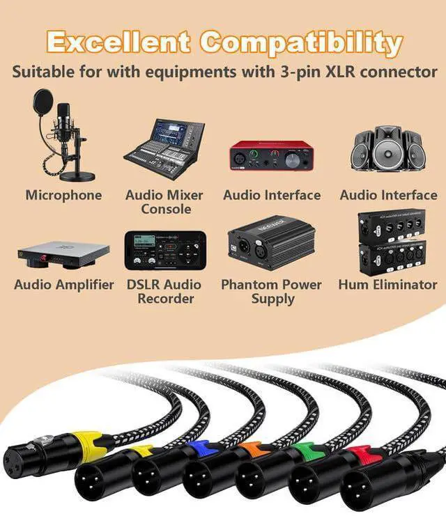 Alt view image 3 of 7 - 6 Pack XLR Cables 25ft Mic Braided Balanced Shielded XLR Microphone Cable Male to Female 3-Pin Colorful Connector for Microphones Recording, Audio Mixer, AmplifierSpeaker,Camcorder