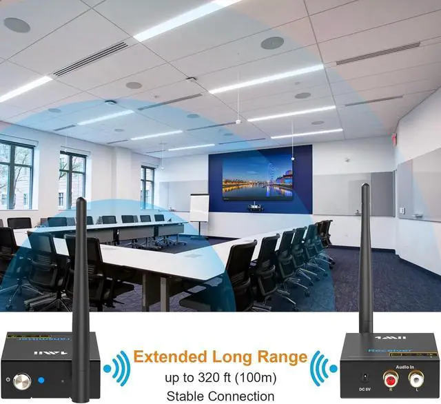 Alt view image 3 of 7 - 2.4Ghz Wireless Audio Transmitter Receiver for TV, 320ft Long Range 20ms Low Delay HiFi Audio, Wireless Adapter Kit for Subwoofer/Powered Speaker/Stereo/Soundbar, RCA(3.5mm AUX) Out/Input