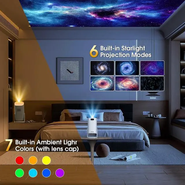 Alt view image 2 of 7 - Smart Projector with WiFi and Bluetooth, 1080P FHD 4K Support, Projector with Auto Keystone, Stereo Speaker, Compatible with HDMI/TV Stick/USB, Portable Projector, White