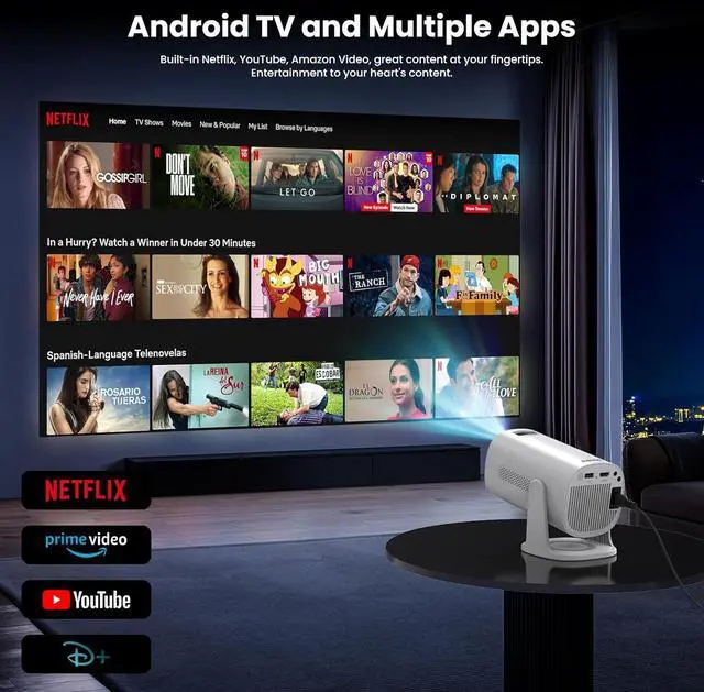 Alt view image 3 of 7 - Smart Projector with WiFi and Bluetooth, 1080P FHD 4K Support, Projector with Auto Keystone, Stereo Speaker, Compatible with HDMI/TV Stick/USB, Portable Projector, White
