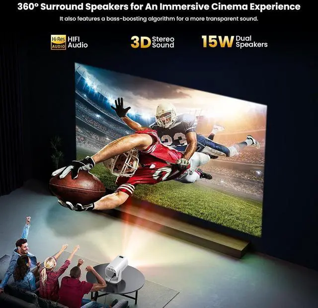 Alt view image 4 of 7 - Smart Projector with WiFi and Bluetooth, 1080P FHD 4K Support, Projector with Auto Keystone, Stereo Speaker, Compatible with HDMI/TV Stick/USB, Portable Projector, White
