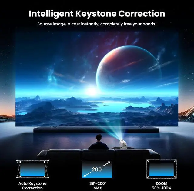 Alt view image 5 of 7 - Smart Projector with WiFi and Bluetooth, 1080P FHD 4K Support, Projector with Auto Keystone, Stereo Speaker, Compatible with HDMI/TV Stick/USB, Portable Projector, White