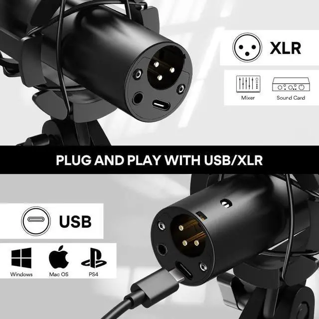 Alt view image 4 of 7 - USB/XLR Podcast Dynamic Microphone, Studio Mic Kit with Volume Control, Shock Mount, Pop Filter, Ideal for Vocal, Instruments Recording, Voice Over, Live Streaming (HD300T)