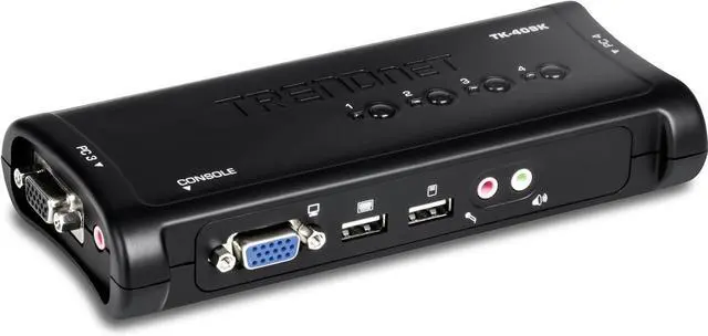 Main image of TRENDnet 4-Port USB KVM Switch with Audio, Control Up to 4 Computers, Windows, Linux, Mac OS Compliant, 2048 x 1526 VGA Resolution, Plug and Play, USB Powered, KVM Cables Included, Black, TK-409K