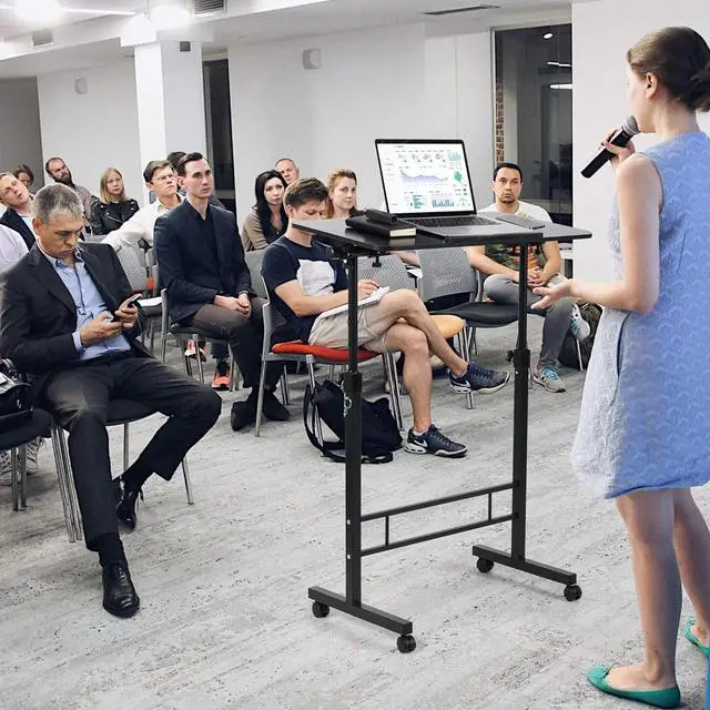 Alt view image 5 of 6 - Small Standing Desk Adjustable Height,Rolling Computer Desk,Mobile Standing Desk with Wheels,Portable Stand Up Desk,Tall Computer Table,Adjustable Desktop Sit Stand Desk,Size 31.5x15.7 Inch Black