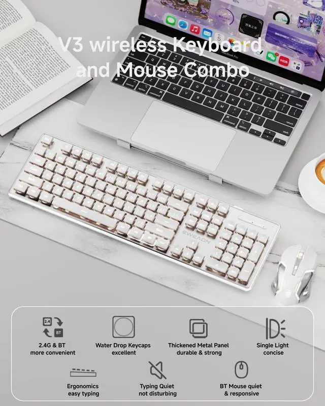 Alt view image 2 of 6 - V3 Wireless Keyboard and Mouse with Single Backlit, Metal Panel, Bluetooth/2.4G Rechargeable Computer Keyboard and Mouse Combo Silent Light up Full Size Cute Keyboards-White