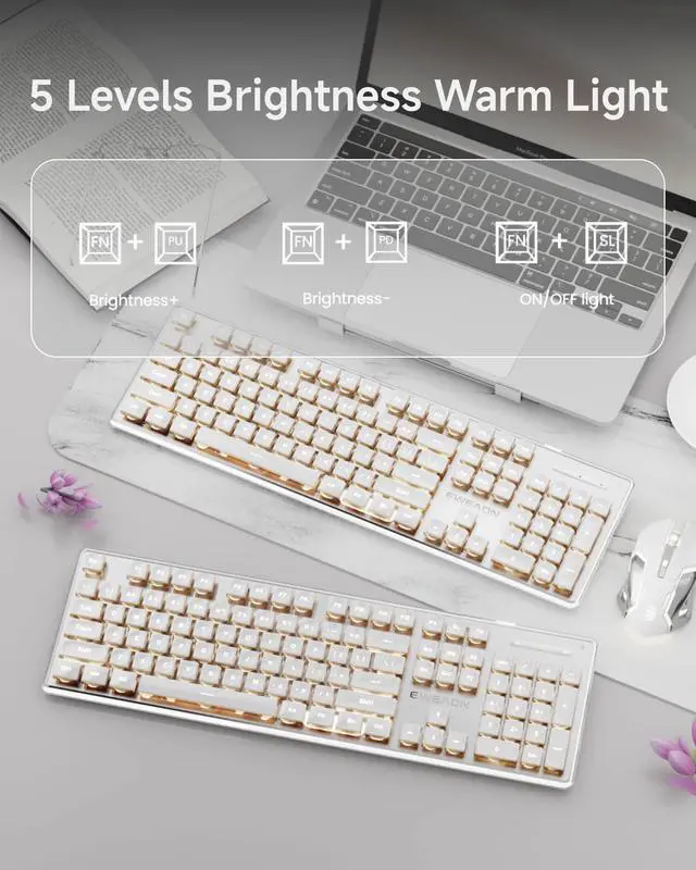 Alt view image 6 of 6 - V3 Wireless Keyboard and Mouse with Single Backlit, Metal Panel, Bluetooth/2.4G Rechargeable Computer Keyboard and Mouse Combo Silent Light up Full Size Cute Keyboards-White