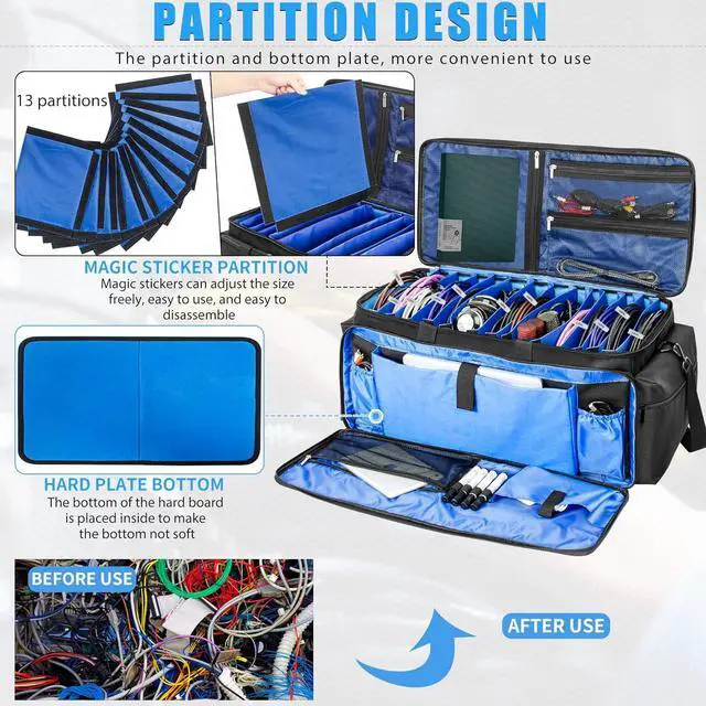 Alt view image 3 of 7 - Cable File Bag DJ Gig Bag Cord Organizer Case with Detachable Dividers for Laptop,DJ Gear, Sound Instrument Accessories Blue