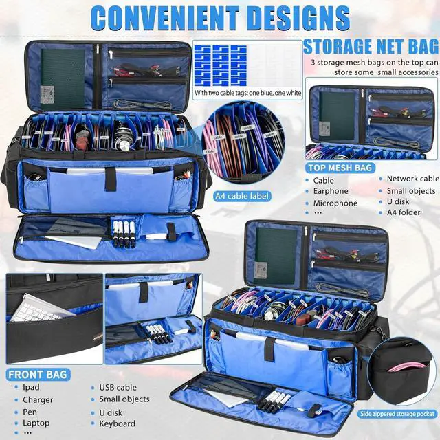 Alt view image 4 of 7 - Cable File Bag DJ Gig Bag Cord Organizer Case with Detachable Dividers for Laptop,DJ Gear, Sound Instrument Accessories Blue