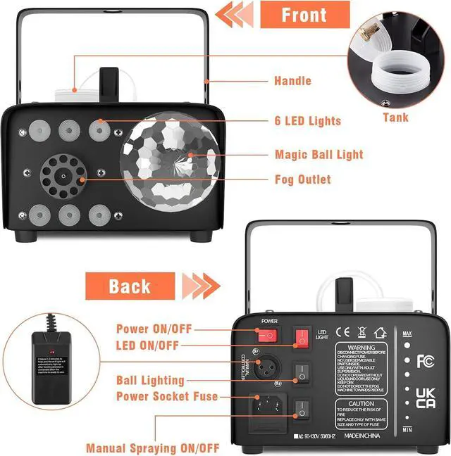 Alt view image 5 of 7 - Fog Machine, 600W Smoke Machine with Disco Ball Light and LED RGB Lights, 2300 CFM Spray with Auto Spray Function, Great for Halloween, Christmas, Wedding, Stage Performance and Parties