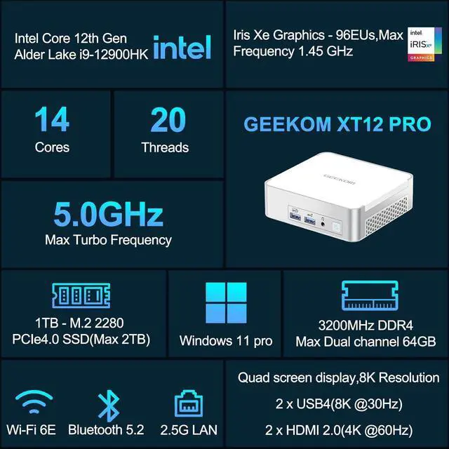 Alt view image 2 of 7 - Mini PC XT12 Pro, 12th Gen  i9-12900HK NUC12 Mini Computers(14C/20T,Up to 5GHz), 32GB DDR4 RAM & 1TB PCIe Gen 4 SSD Mini PC Windows 11 Pro, 8K/Quad Display/USB4.0/WiFi 6E/BT5.2/2.5G LAN