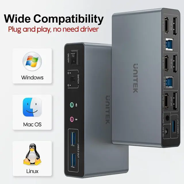 Alt view image 7 of 7 - Unitek KVM Switch 2 Monitors 2 Computers 4K@60Hz HDMI+Displayport Dual Monitor KVM Switches 3 USB Ports for Sharing Keyboard Mouse Hard Drives Mic Headset 2 USB-B Cable DC 5V Adapter Controller