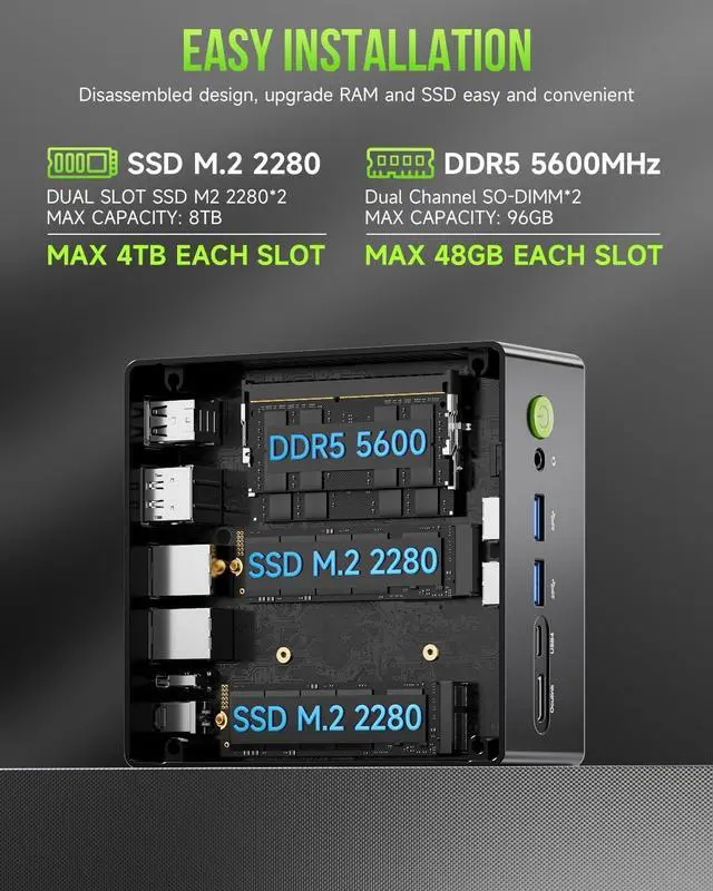 Alt view image 4 of 7 - Mini Computers  Ryzen 9 8945HS (Turbo 5.1GHz) 32GB DDR5 2TB SSD, Gaming PC Oculink, Dual NIC LAN 2.5G, WiFi 6, USB3.2, USB-C 4.0, BT5.2, DP, HDMI, Dual FanNucbox K11