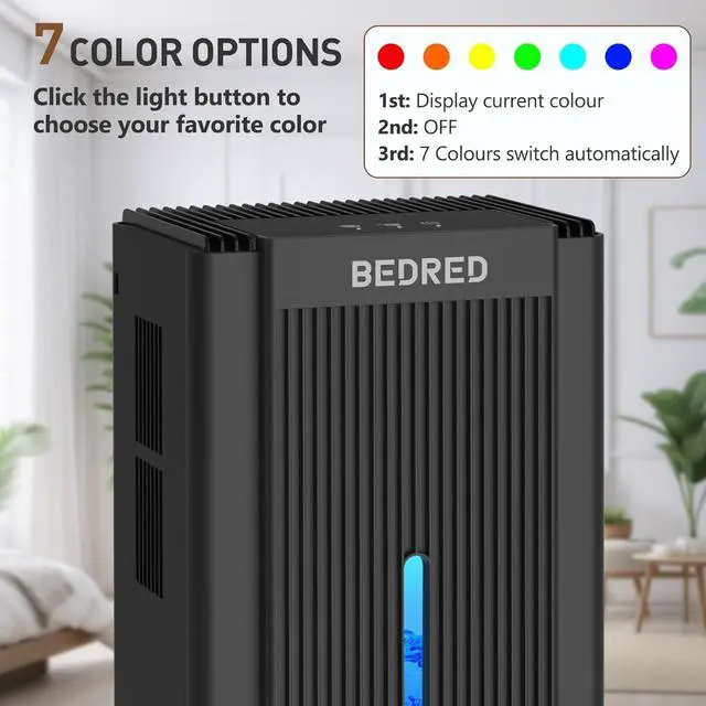 Alt view image 5 of 7 - 95OZ Dehumidifier for Home 1000 Sq.Ft - Quiet with Auto Shut Off & Relaxing 7 Color Ambient Light,Ideal for Livingroom, Bedroom, Basement(Black)