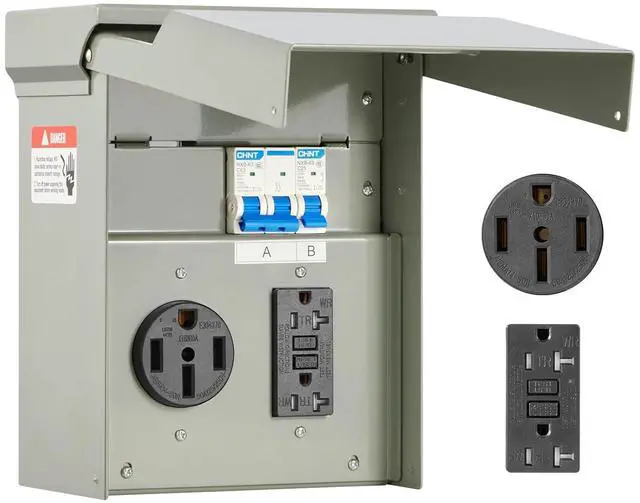 Main image of Temporary Power Outlet Panel, RV Electrical Breaker Box with Prewired 50 Amp & 20 Amp GFCI Receptacle Circuit, Weatherproof RV Electrical Panel for RV Hookup Camper Travel Trailer Motorhome