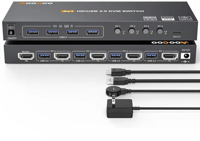 Main image of Ennovor KVM Switch HDMI 4K@60Hz/2K@120Hz, HDMI KVM Switch for 4 Computer Share 1 Monitor and 4 USB3.0 Devices,Wired Remote and USB Cables Included