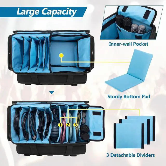 Alt view image 2 of 7 - Large DJ Gig Bag, Travel DJ Cable File Case with Padded Bottom & Detachable Dividers, DJ Gear Storage Organizer for Microphones, 14" Laptop, Sound Equipment & Music Instrument, Black, Bag Only
