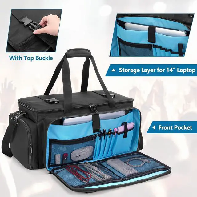 Alt view image 3 of 7 - Large DJ Gig Bag, Travel DJ Cable File Case with Padded Bottom & Detachable Dividers, DJ Gear Storage Organizer for Microphones, 14" Laptop, Sound Equipment & Music Instrument, Black, Bag Only