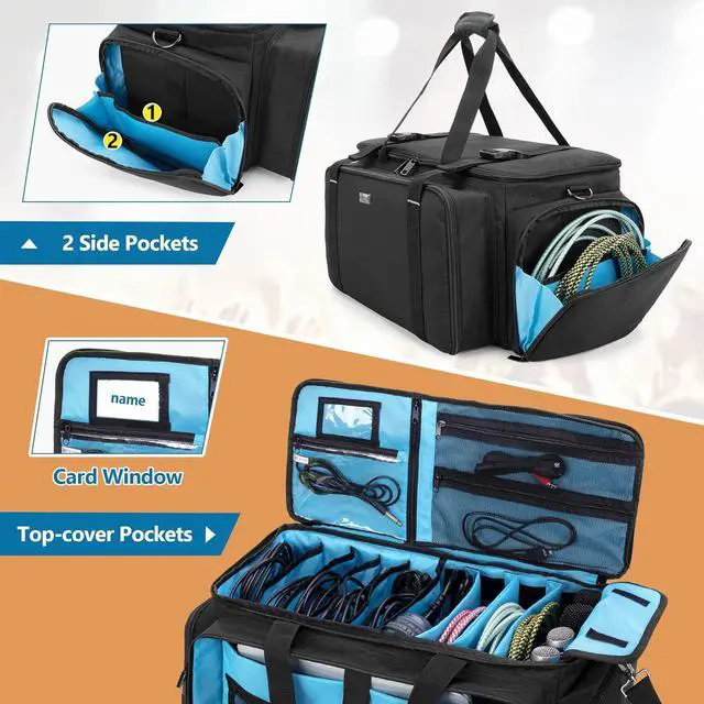 Alt view image 4 of 7 - Large DJ Gig Bag, Travel DJ Cable File Case with Padded Bottom & Detachable Dividers, DJ Gear Storage Organizer for Microphones, 14" Laptop, Sound Equipment & Music Instrument, Black, Bag Only