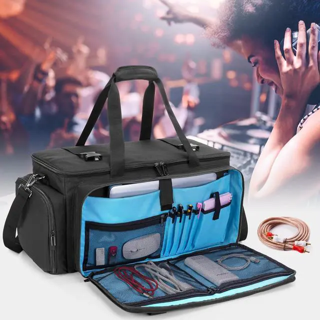 Alt view image 7 of 7 - Large DJ Gig Bag, Travel DJ Cable File Case with Padded Bottom & Detachable Dividers, DJ Gear Storage Organizer for Microphones, 14" Laptop, Sound Equipment & Music Instrument, Black, Bag Only
