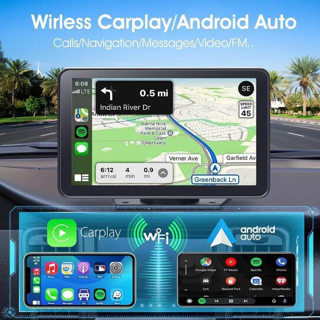 Alt view image 2 of 7 - Portable Wireless Carplay Car Stereo, 7" HD Touchscreen for Car with Apple CarPlay & Android Auto with Backup Camera/Mirror Link/Voice Control/Bluetooth/GPS/AUX/FM Satellite Radio for All Vehicles